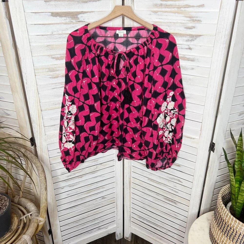 Sundance Women's Hyacinth Batik Print Gauzy Embroidered Top Bright Pink Black L - Picture 13 of 14